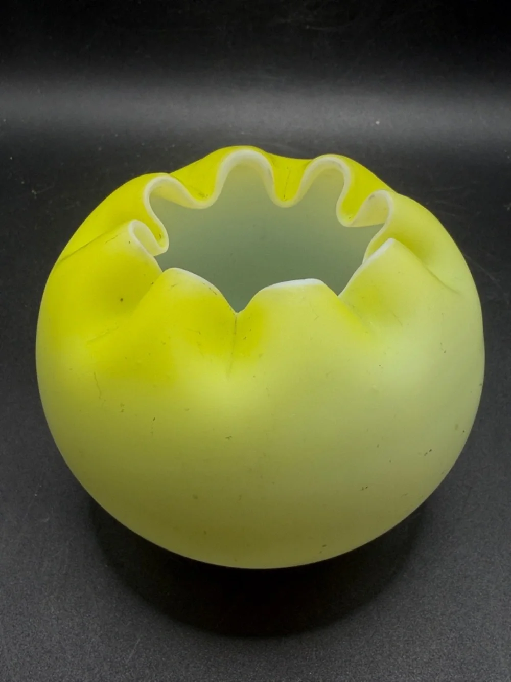 Vintage Yellow Cased Satin Glass Rose Bowl Vase Crimped Edge Tabletop Vessel